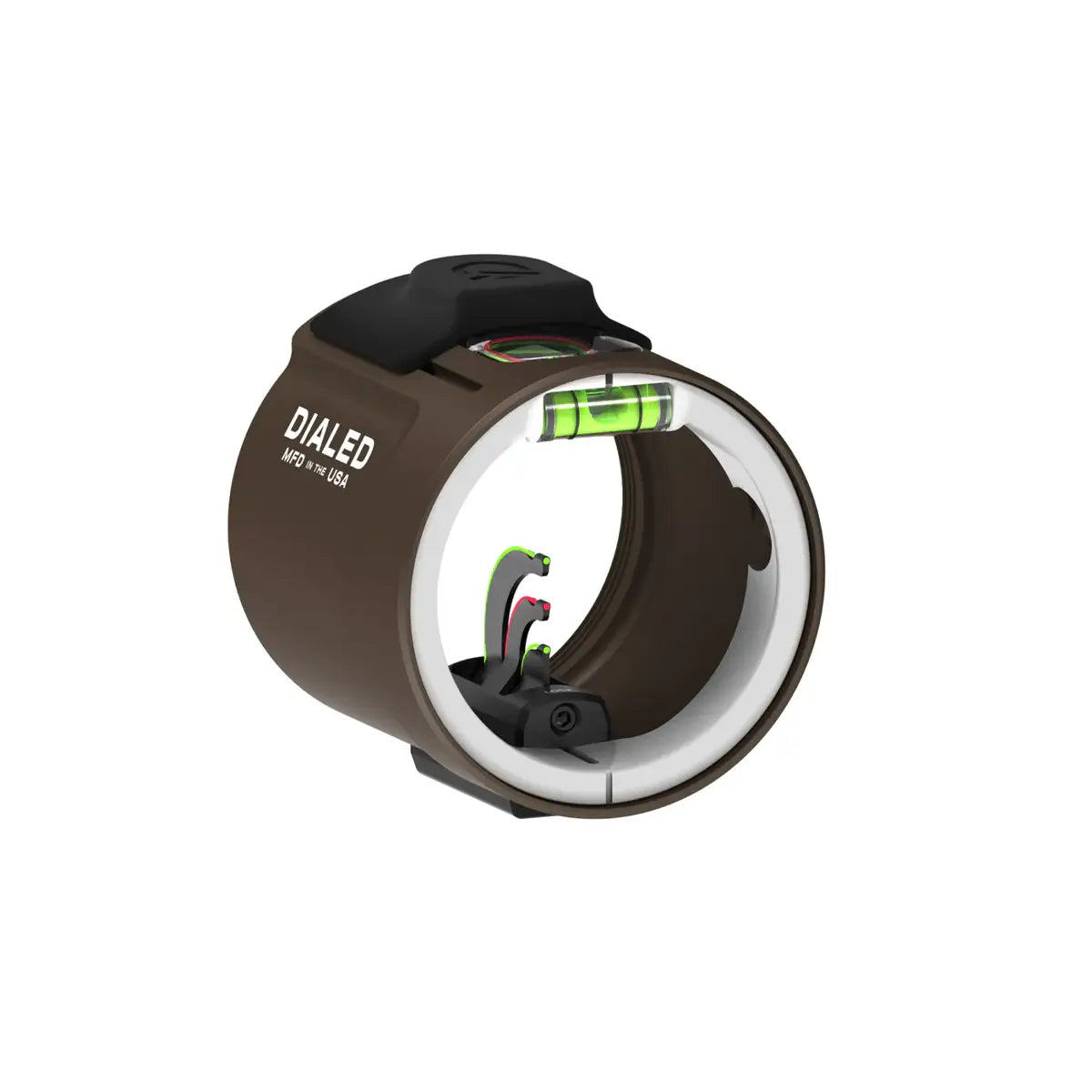 Brown cylindrical rifle scope sight with integrated green fiber optic alignment guides and white interior ring, labeled.