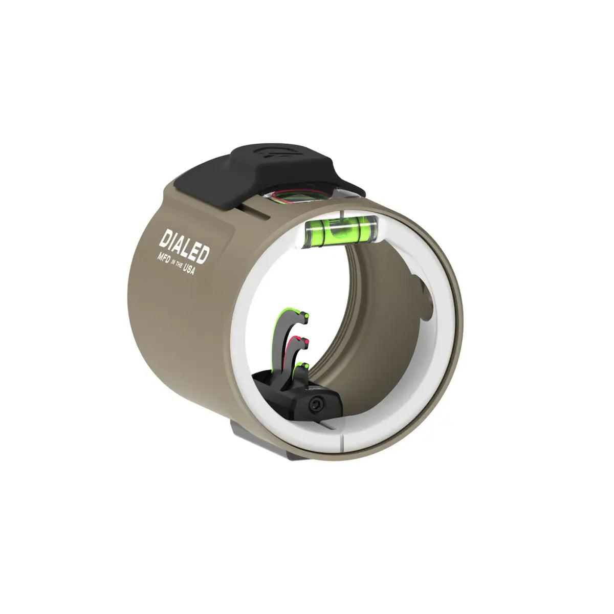 Compact clay-colored Dialed MAG-3VA scope with built-in bubble level and clear lens ring.