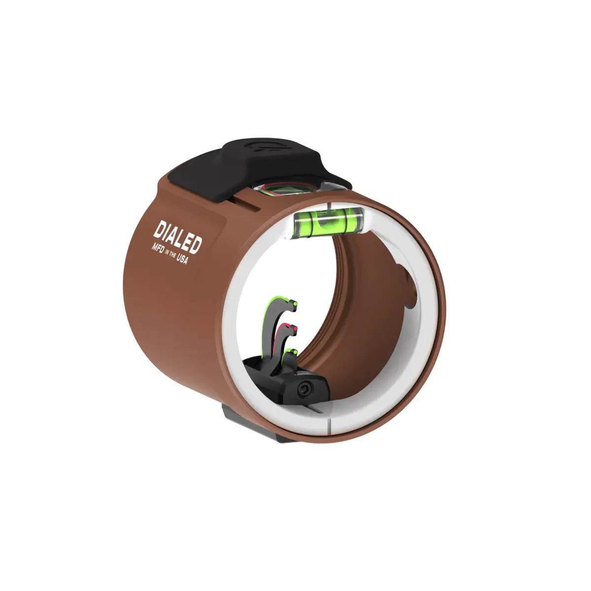 Brown cylindrical Dialed MAG-3VA scope with green reticle and black adjustment knob.