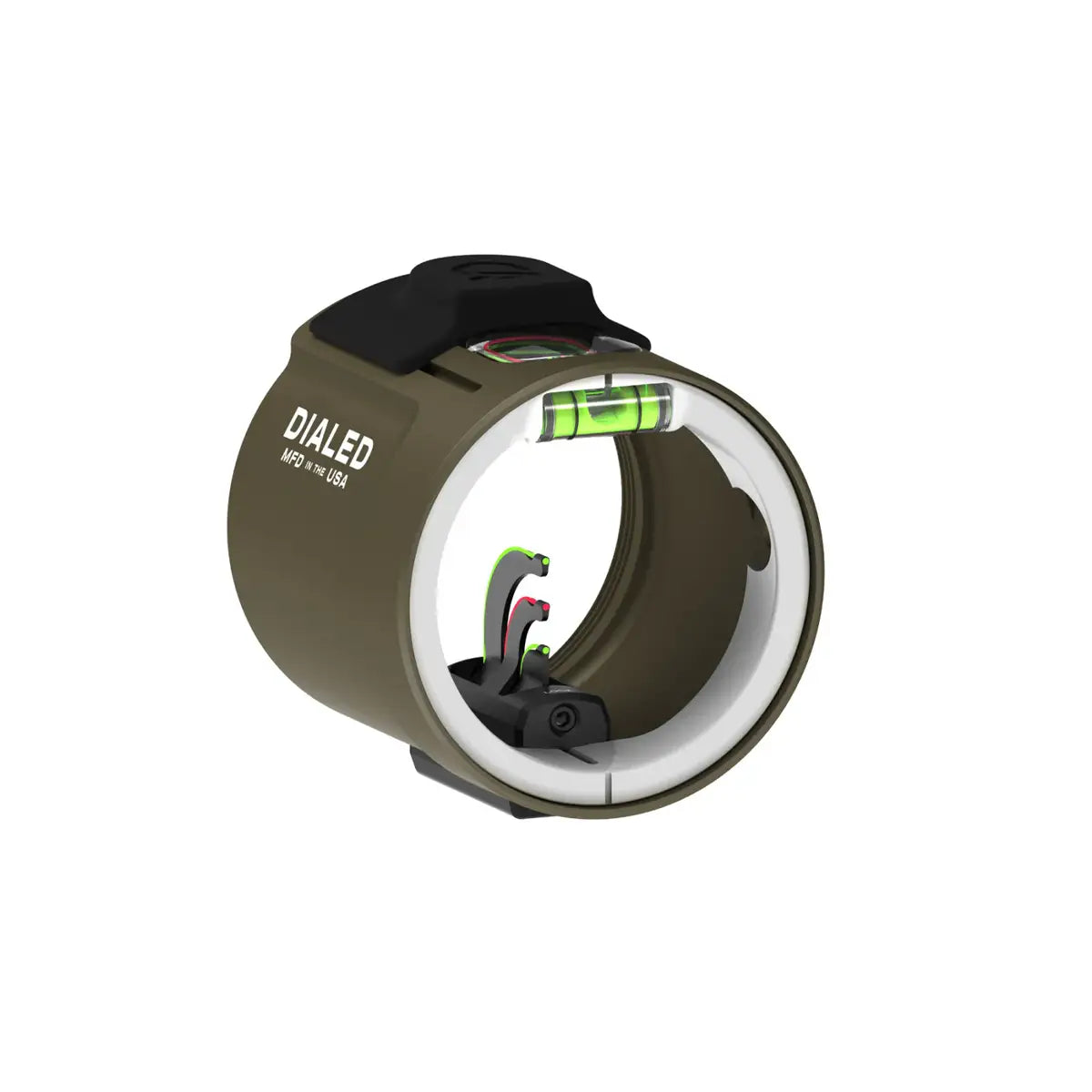 Olive green Dialed MAG-3VA scope with built-in bubble level and black mounting hardware.