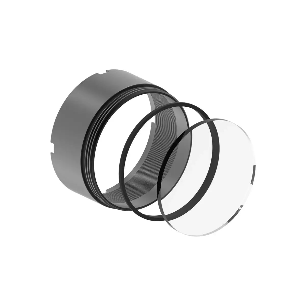 Black cylindrical sight lens housing with two clear glass lens elements separated and aligned in front of it.
