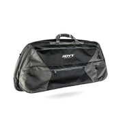 Black soft bow case with multiple zippered compartments and carrying handle.