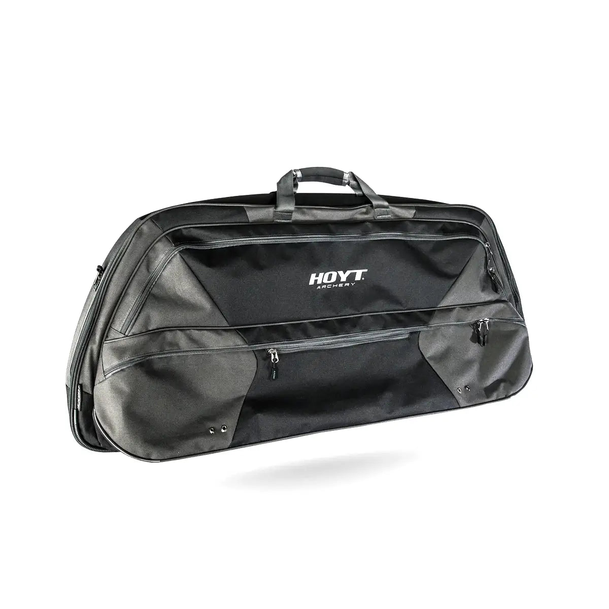 Black soft bow case with multiple zippered compartments and carrying handle.