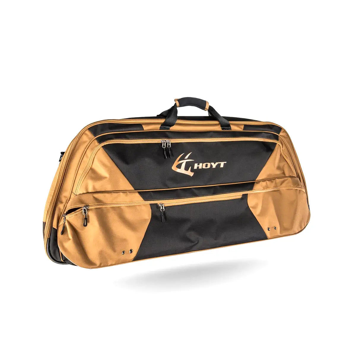 Brown and black soft bow case with zippered compartments and dual handles.