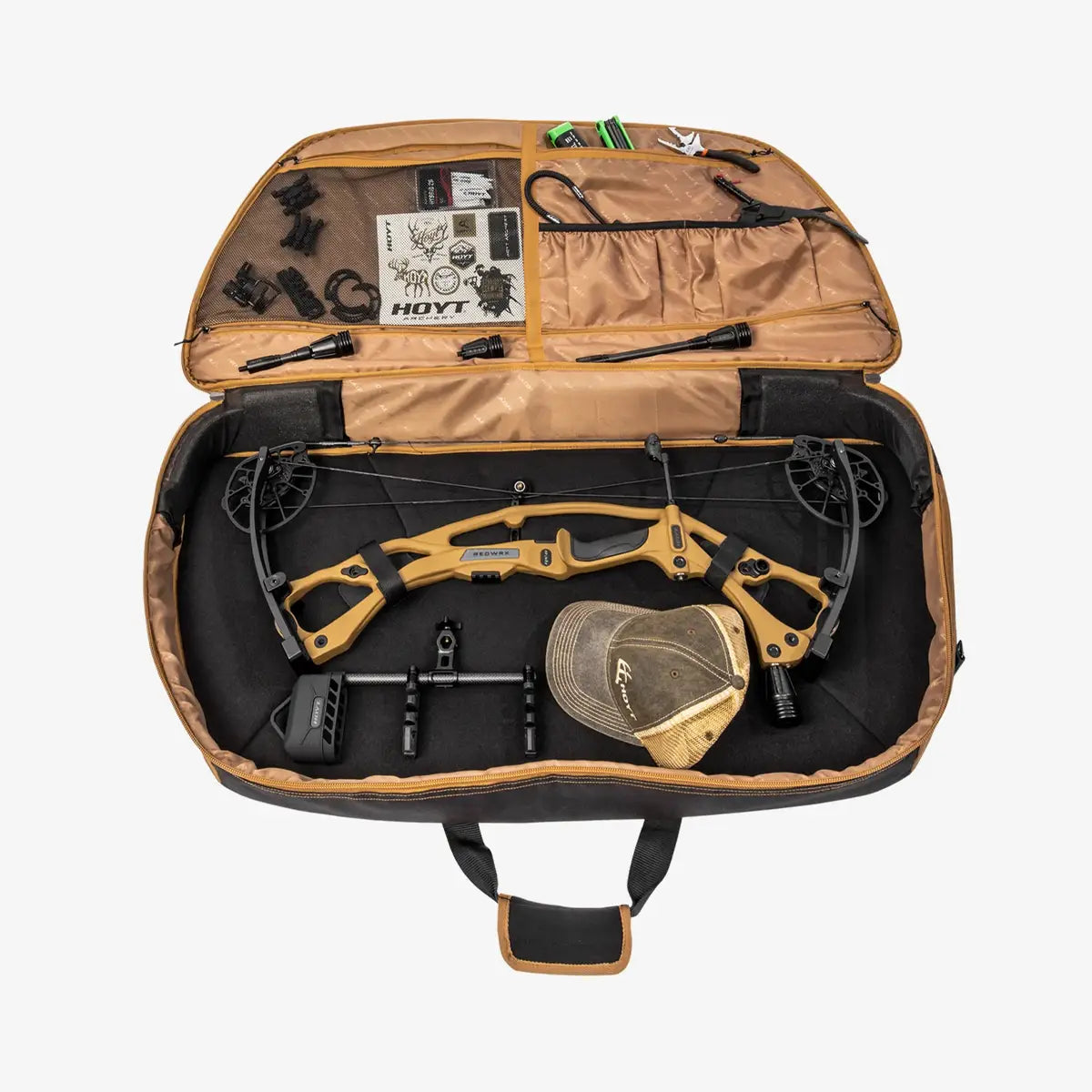 Brown soft bow case with organized compartments holding a black compound bow and archery accessories.