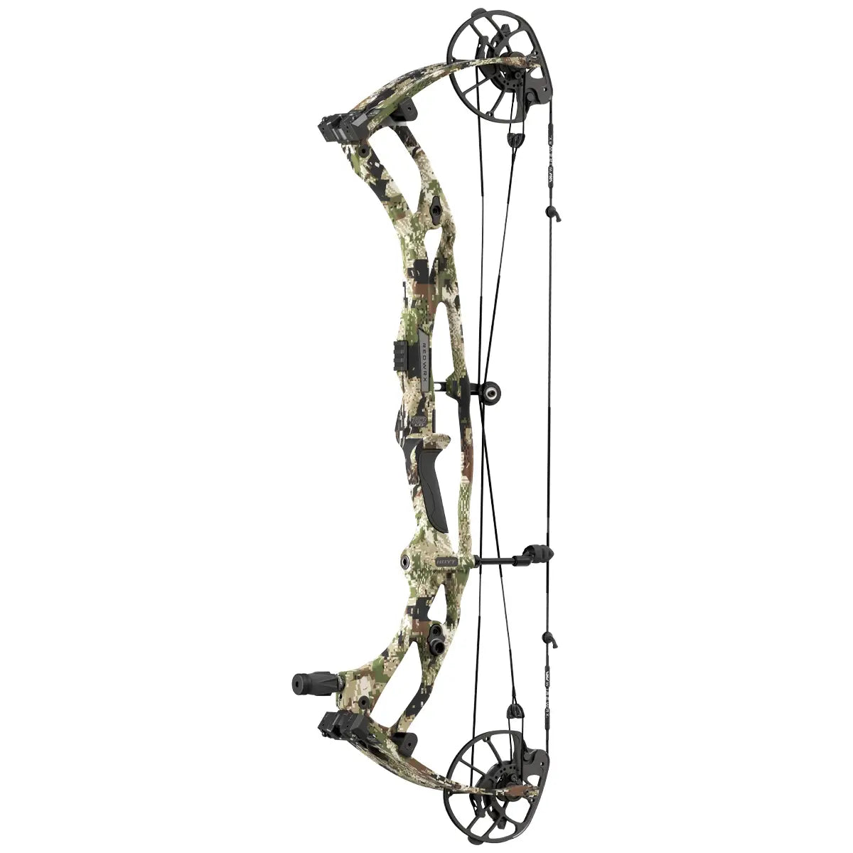 Right-handed Hoyt RX-10 LD compound bow in camouflage with carbon riser and dual cams.