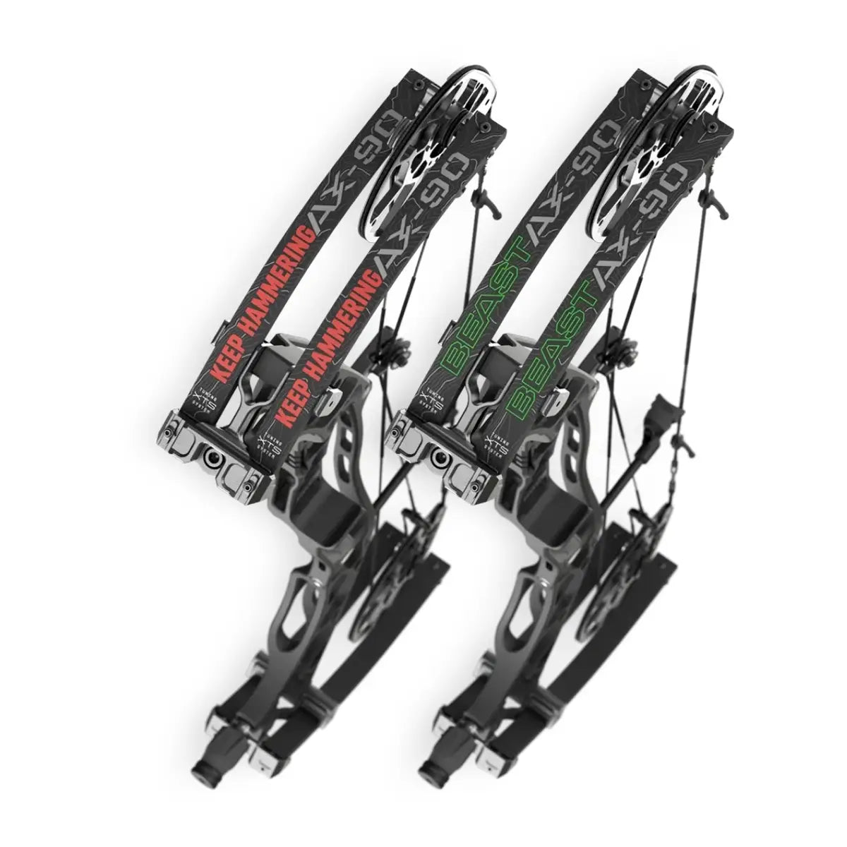 Black and green Hoyt AX-90 compound hunting bows with cam system and aluminum risers, angled view.
