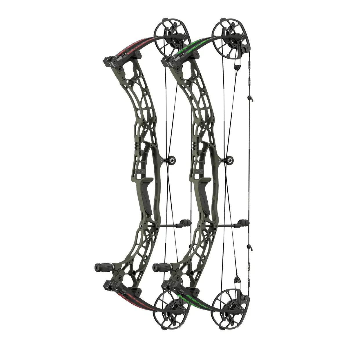 Hoyt AX-90 compound hunting bow with aluminum frame, dual cams, and adjustable limbs, shown in black trim variant.