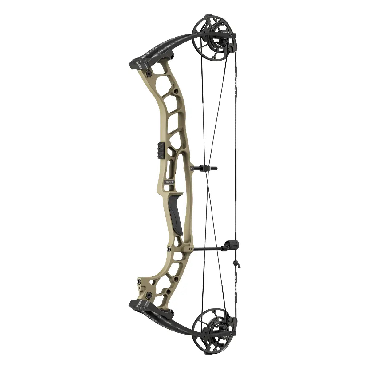 Right-handed Hoyt Enduro compound hunting bow in sandstorm camo with black cams and grip.