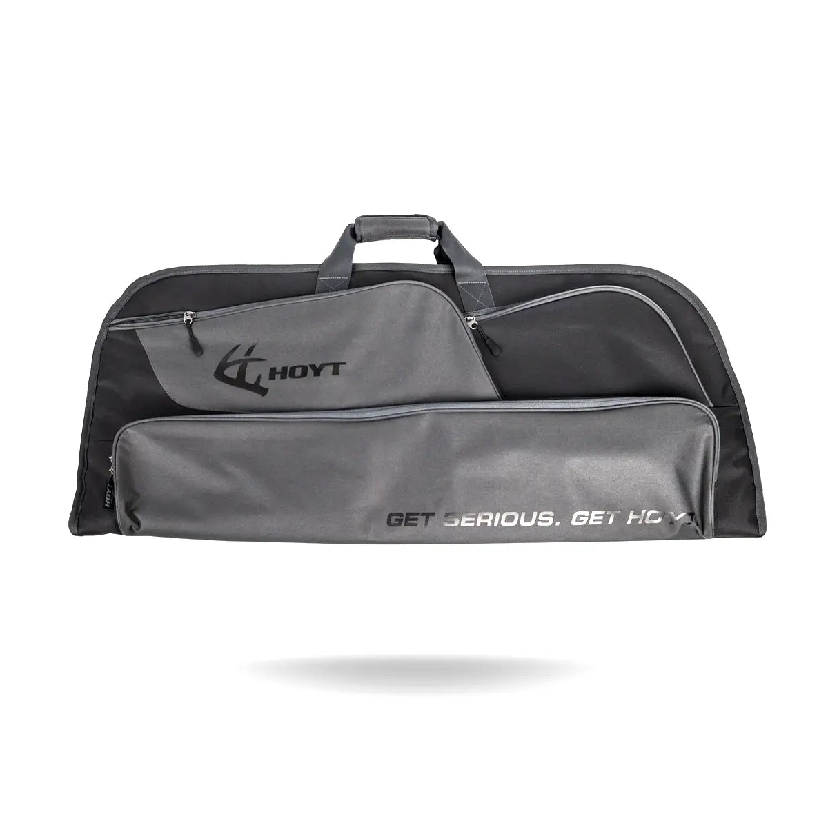 Gray and black soft bow case with front zipper pocket and Hoyt logo on side.