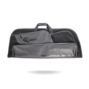 Gray and black soft bow case with front zipper pocket and Hoyt logo on side.