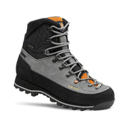 Grey and black hiking boot with hex-patterned ankle, metal eyelets, and orange accents.