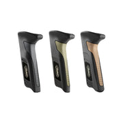 Three Mathews Bond Grip archery grips in black with tan, ambush green, and grey textured panels, angled ergonomic design.