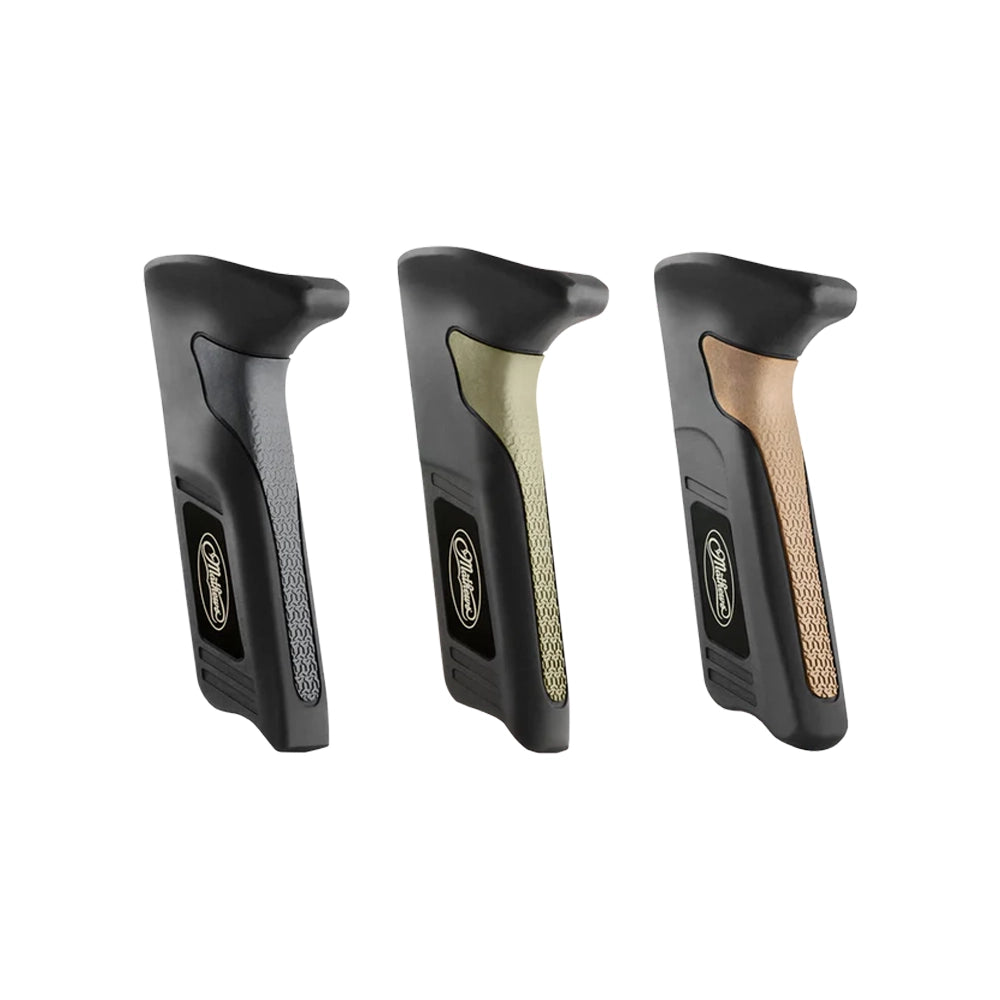 Three Mathews Bond Grip archery grips in black with tan, ambush green, and grey textured panels, angled ergonomic design.