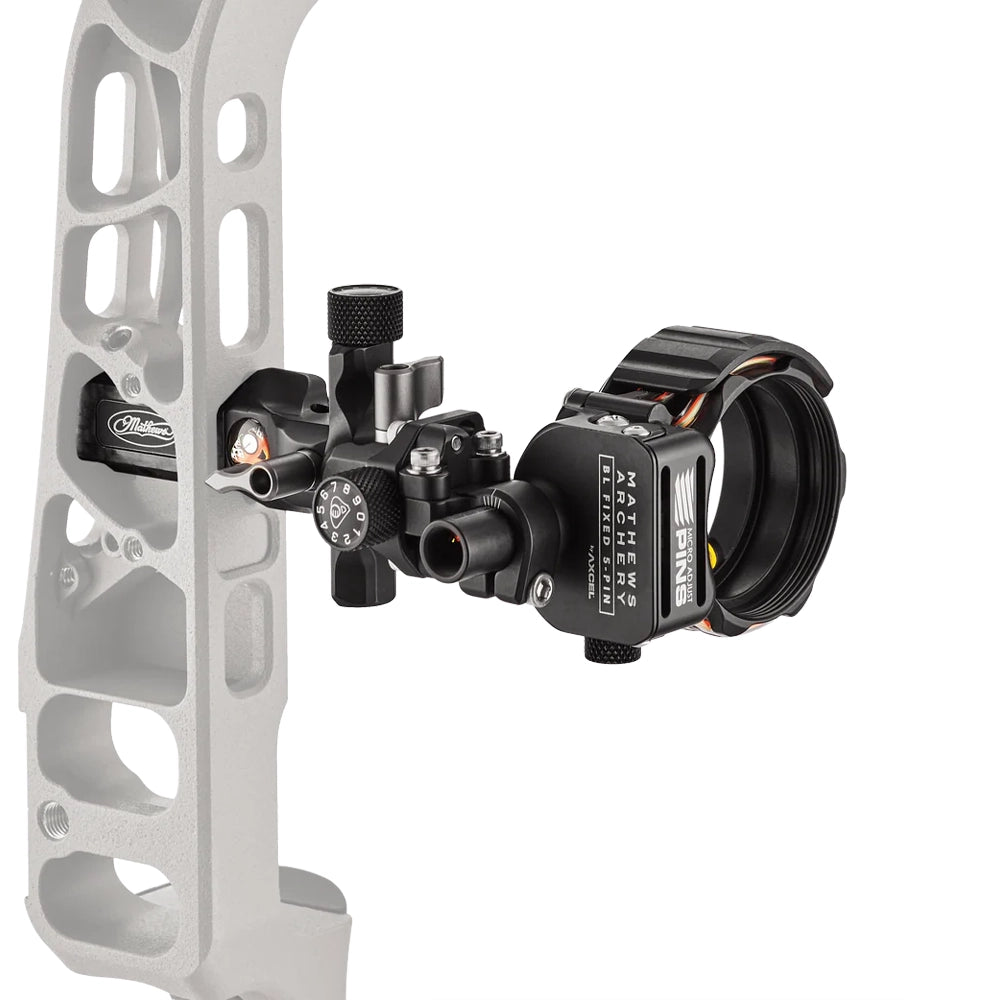 Black Mathews Bridge-Lock fixed 5-pin bow sight mounted on white bow riser with adjustment knobs and fiber optic pins.
