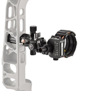 Black Mathews Bridge-Lock fixed 5-pin bow sight mounted on white bow riser with adjustment knobs and fiber optic pins.