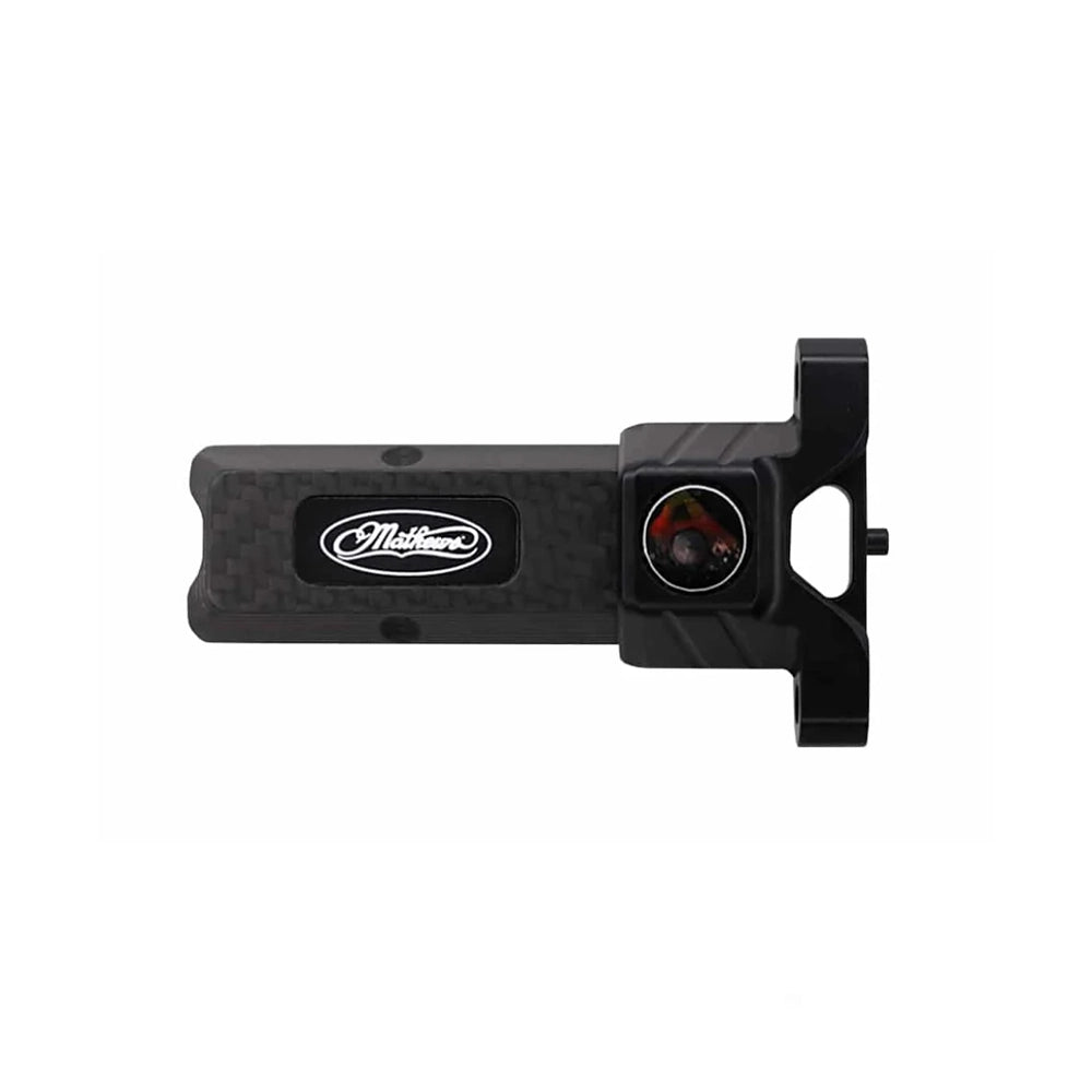 Mathews black carbon fiber bridge-lock sight bar with circular sight level and mounting slot.