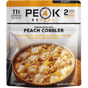 A single serving pouch of Peak Refuel Peach Cobbler dessert, featuring a white and orange package design with a bowl of the prepared peach cobbler shown on the front.