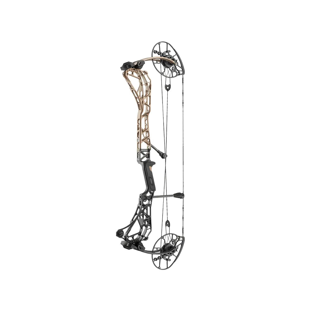 Mathews ARC 30 compound bow with earth-tone camo pattern and black limbs.