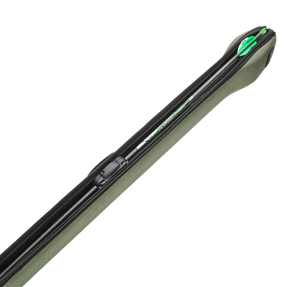 Green and black Mathews Arrow Vault with a black arrow and green fletching inside, slim rectangular case.