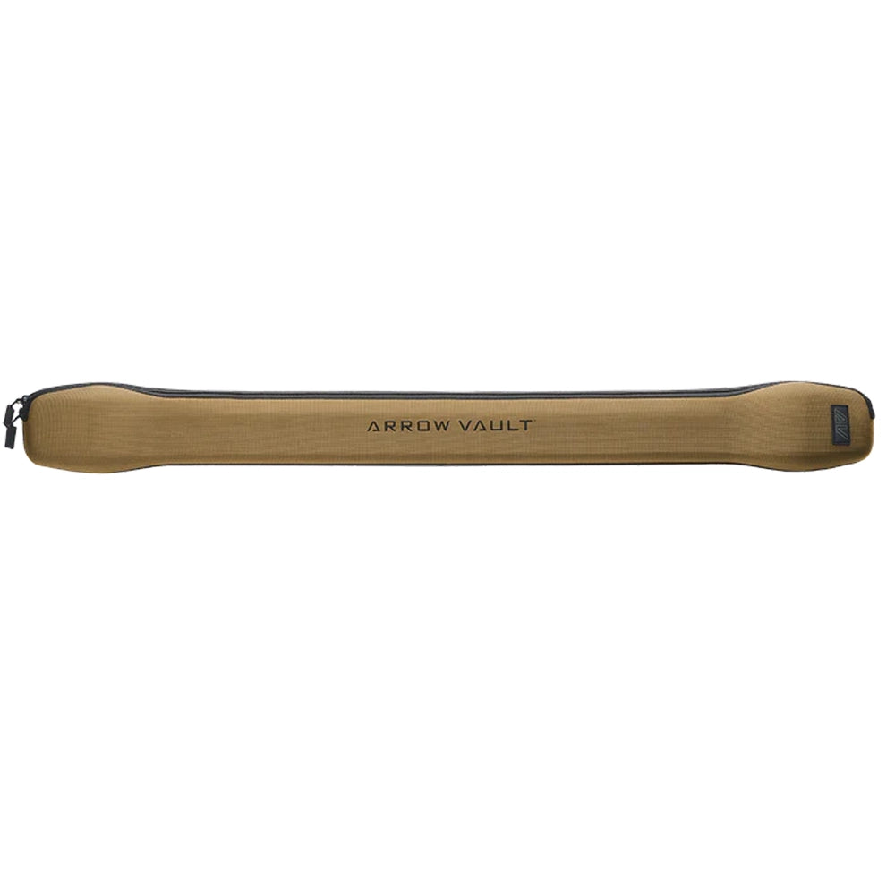 Tan soft zippered Mathews Arrow Vault arrow case with black logo and trim.