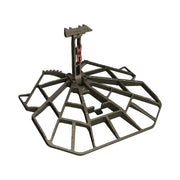Black metal platform with a spiked central clamp and open grid design for secure footing.