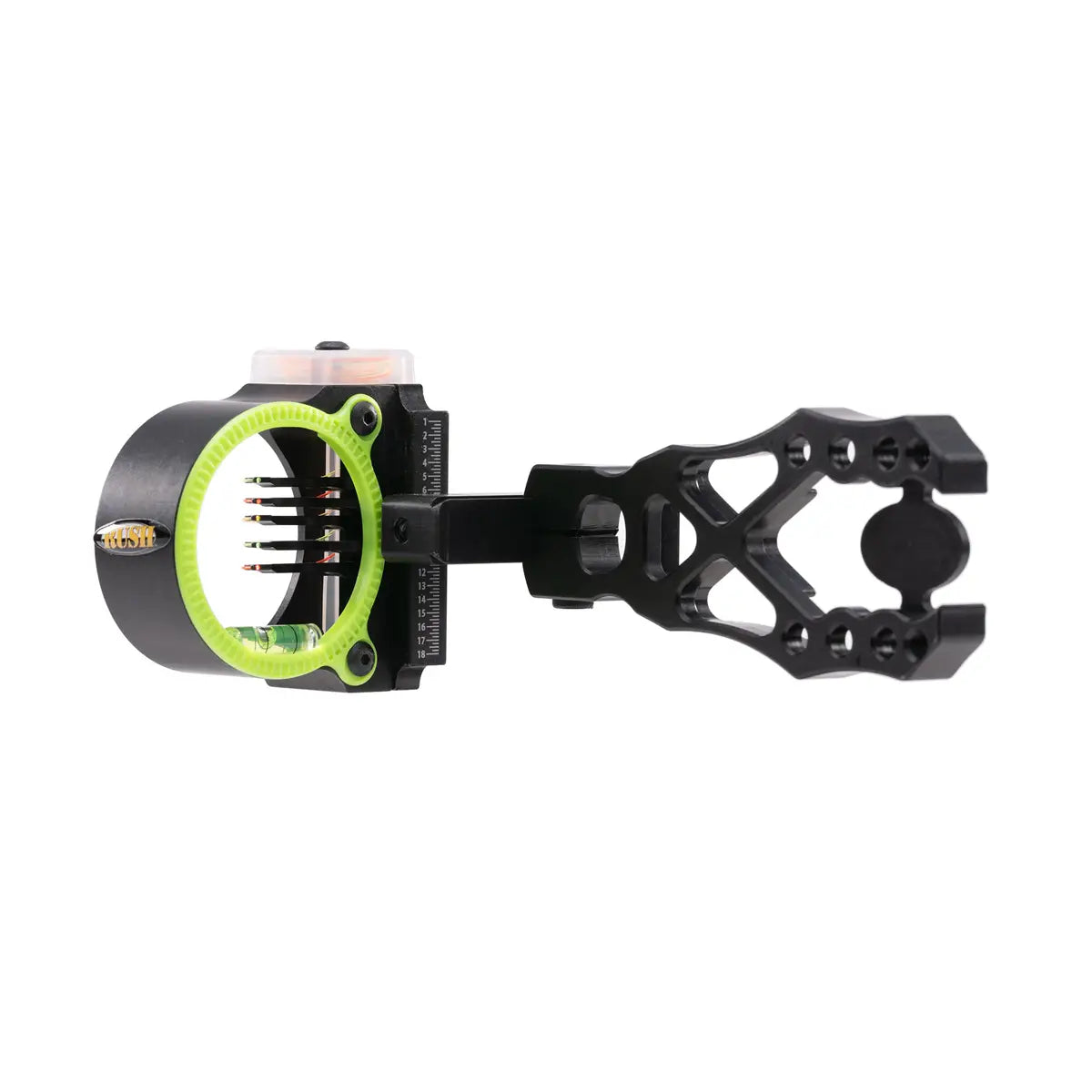 Black and green bow sight with adjustable slider and multiple alignment pins.