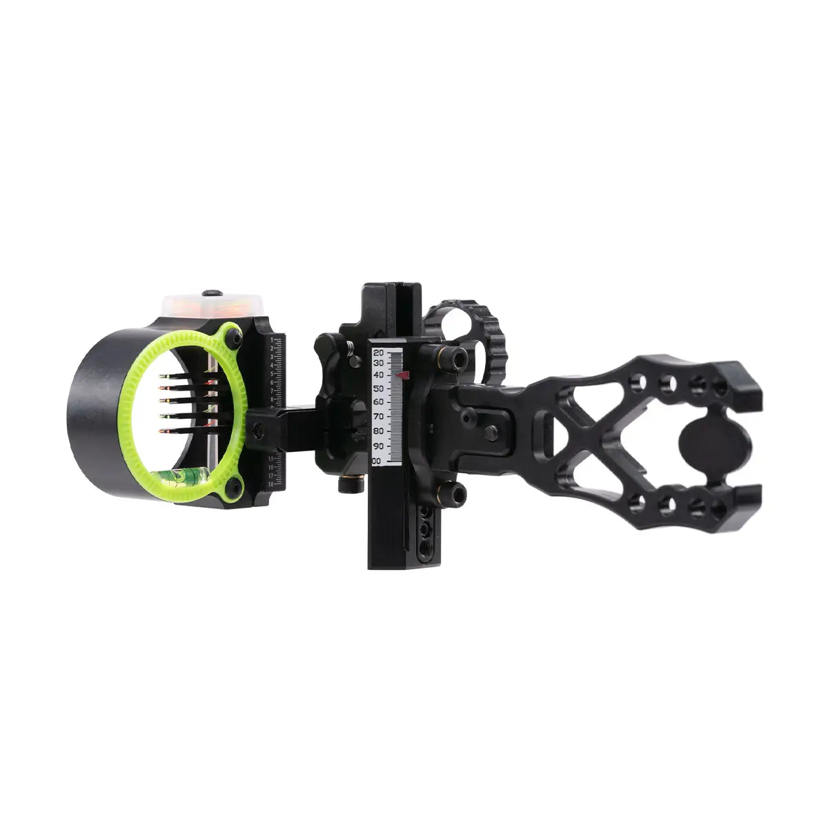 Black Gold Ascent Verdict bow sight with neon green fiber optic ring and black precision adjustment knobs.