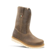 Brown leather mid-calf boot with round toe, side pull tab, and light rubber sole.