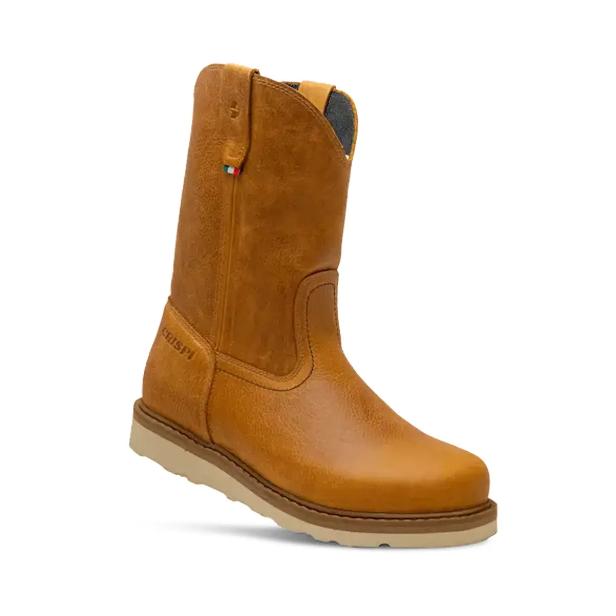 Mid-calf brown leather boot with suede upper and stitch detailing, beige rubber sole.