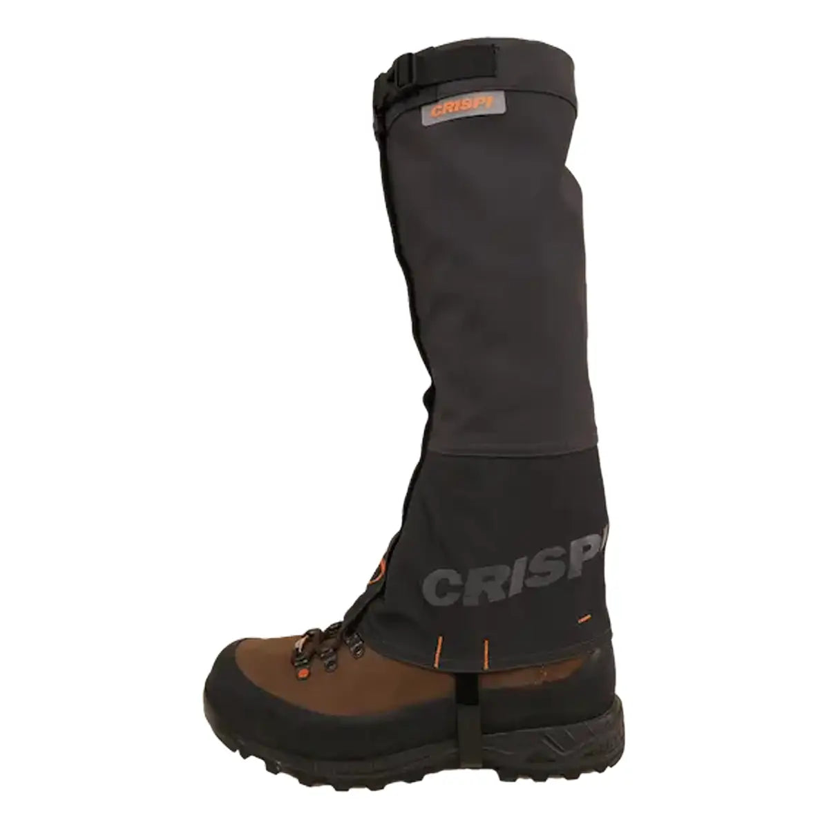 Black and brown tall hiking gaiter with adjustable strap and CRISPI logo on side.