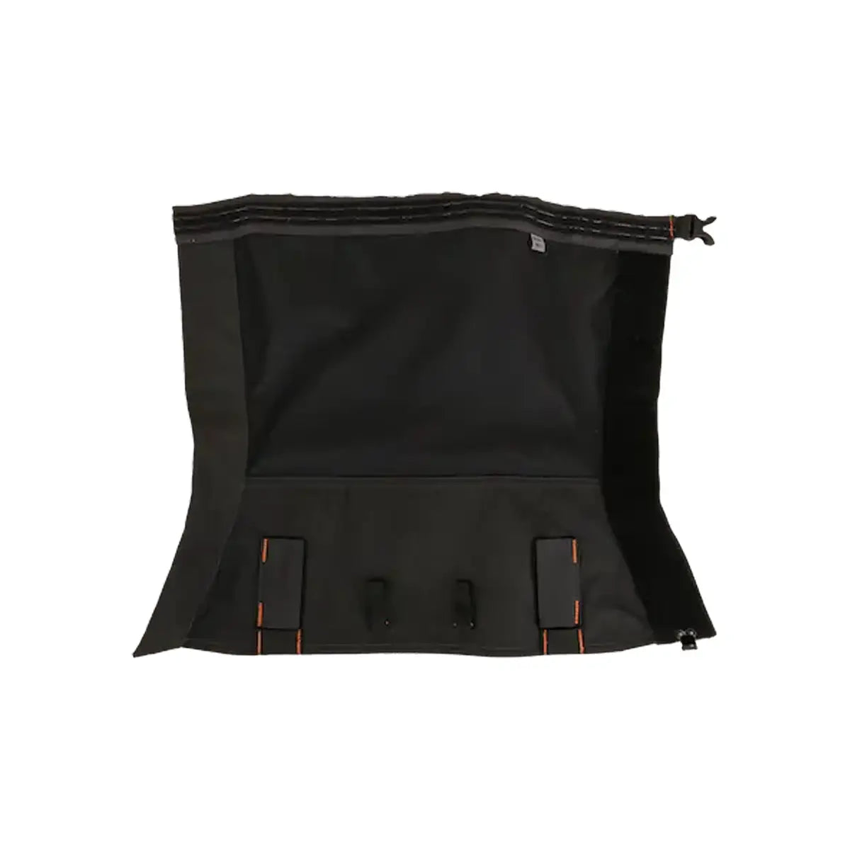 Black high-top gaiter with adjustable drawstring and orange stitching details.