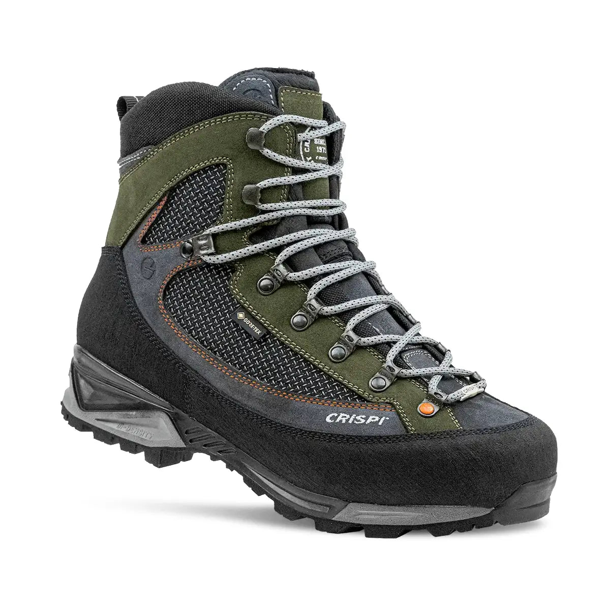 Olive green and black hiking boot with metal lace hooks and breathable mesh panels, Crispi Colorado II.