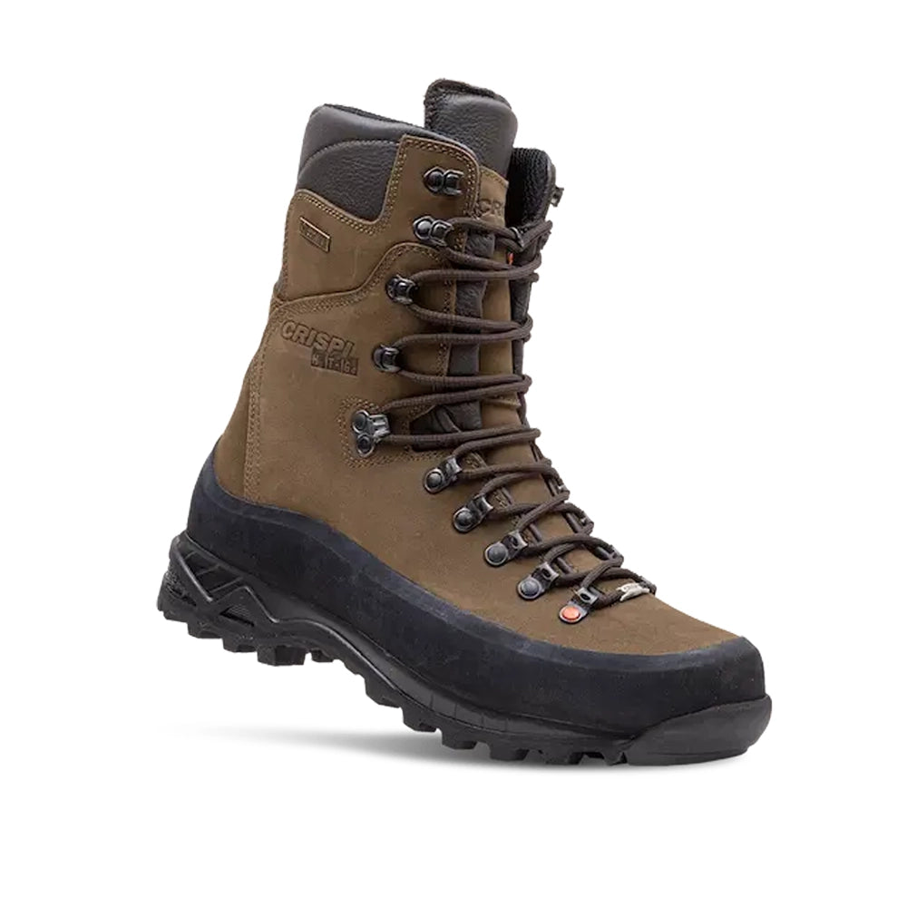 Brown leather hiking boot with black rubber sole and metal lace hooks.