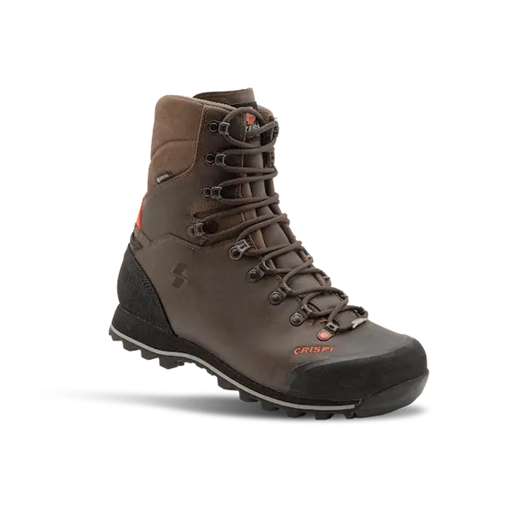 Brown leather hiking boot with black toe cap, padded ankle collar, and metal eyelets.
