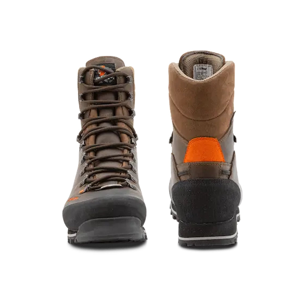 Brown and black Crispi Upland Pro hiking boots with orange heel accent and lace-up front.