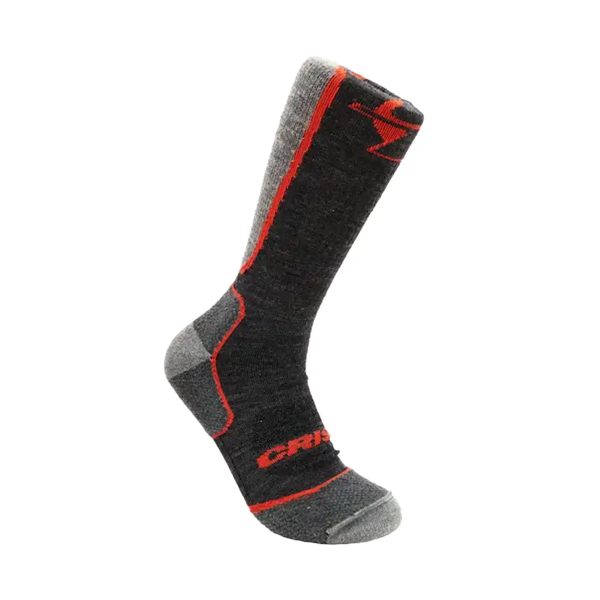 Dark gray mid-calf sock with red accents, gray toe and heel, and Crispi logo on cuff and foot.