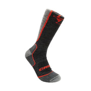 Dark gray mid-calf sock with red accents, gray toe and heel, and Crispi logo on cuff and foot.