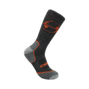 Dark gray lightweight crew sock with orange geometric accents and grey heel and toe areas.