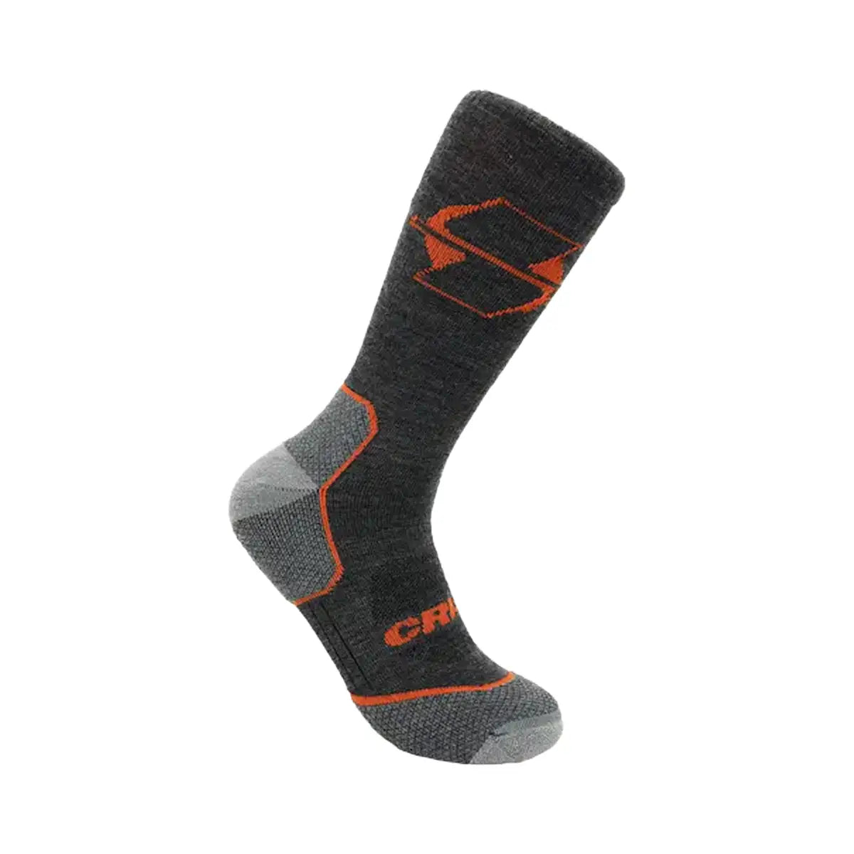 Dark gray lightweight crew sock with orange geometric accents and grey heel and toe areas.