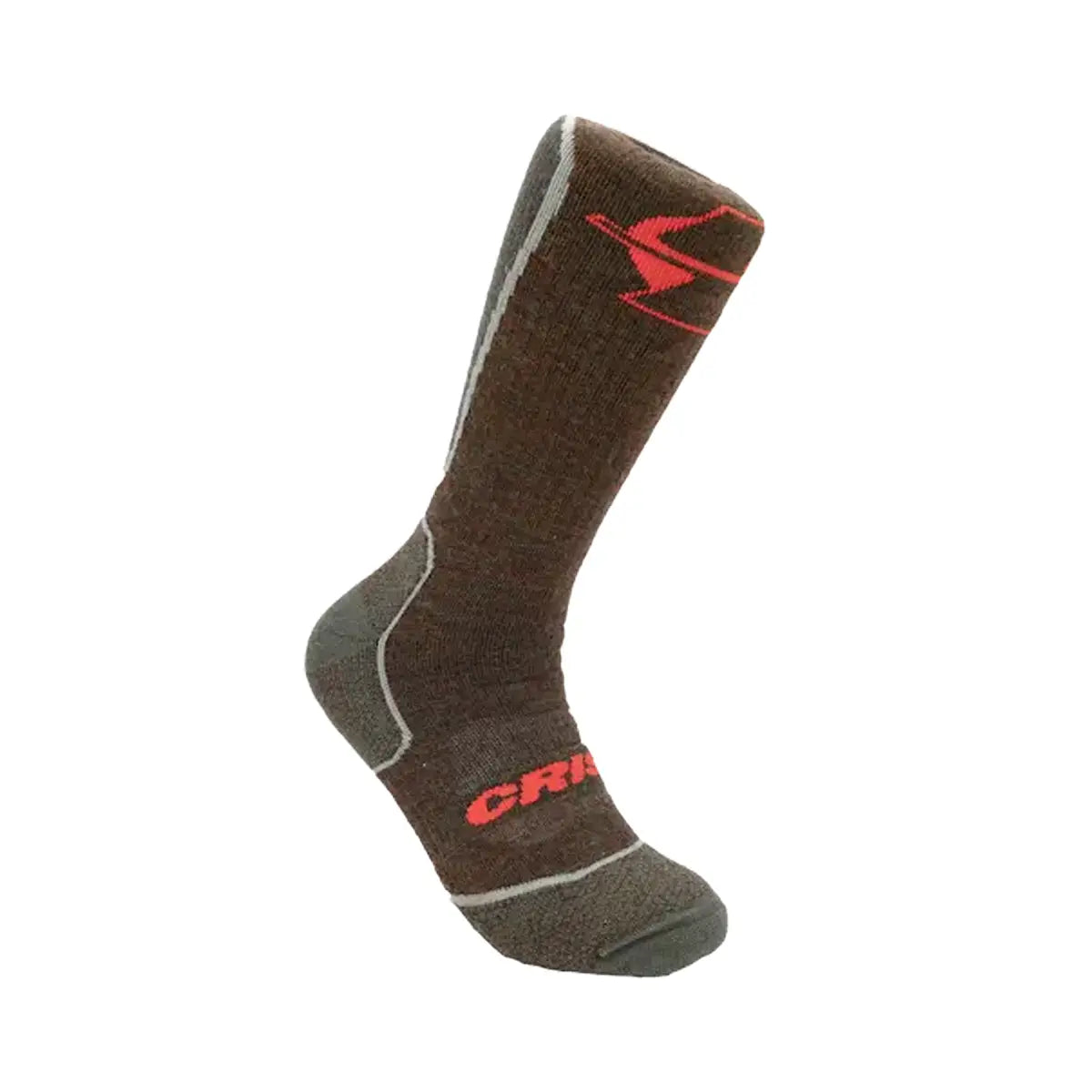 Brown mid-calf cushioned sock with red logo and reinforced heel and toe sections.