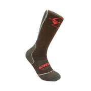 Brown mid-calf cushioned sock with red logo and reinforced heel and toe sections.