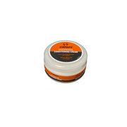 Small round white jar of Crispi Waterproofing Conditioning Cream with orange and black label.