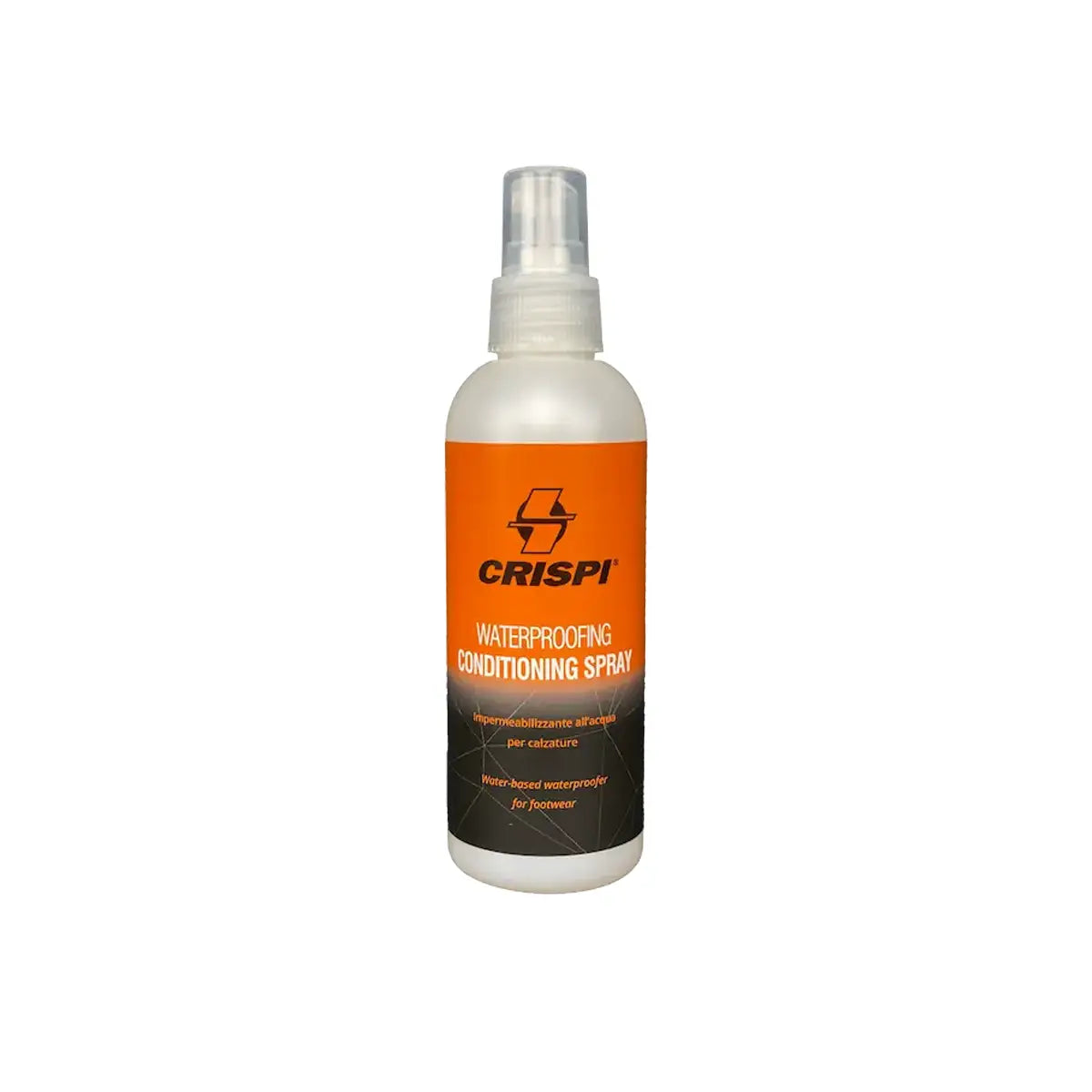 White spray bottle with orange and black label for Crispi Waterproofing Conditioning Spray.