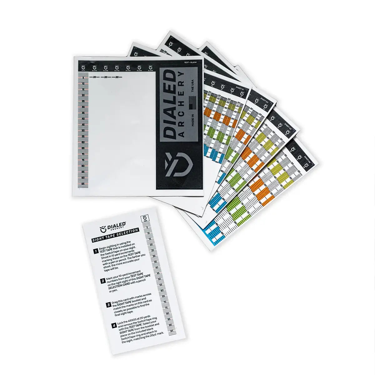 Set of colorful Dialed Sight Tape Booklets with loading charts and instructions on white background.