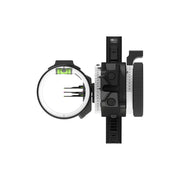 Black Dialed Pruf Mover Sight with three horizontal fiber optic pins and bubble level, mounted on a slider rail system.