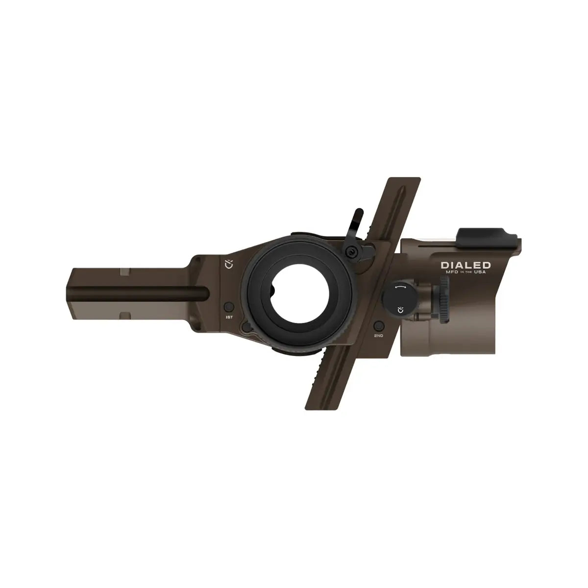 Right-side brown Dialed Pruf Mover Sight with circular aperture and adjustable sliders.