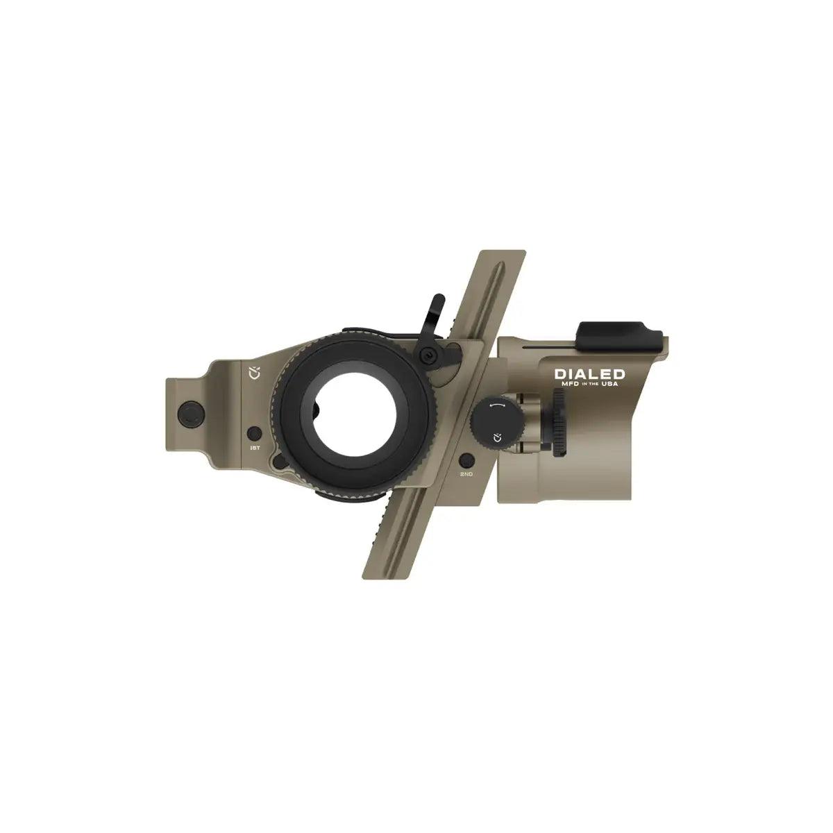 Right-side Dialed Pruf Mover Sight in clay color with circular lens and adjustable slider mechanism.
