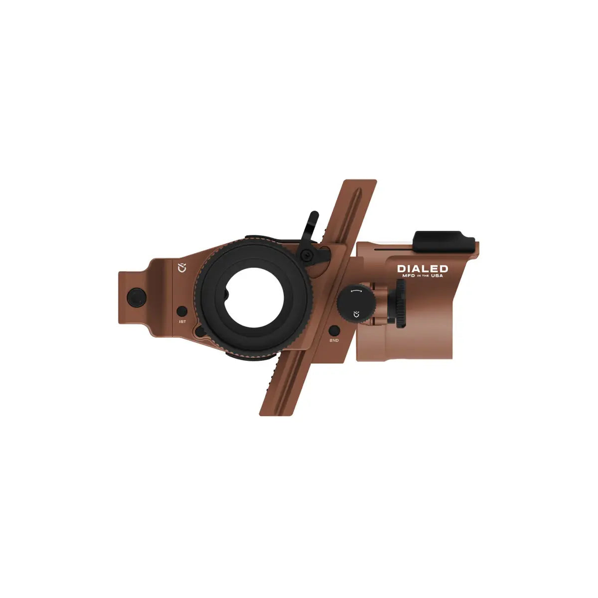 Right-side Dialed Pruf Mover Sight in clay color with adjustable knobs and mounting bracket.