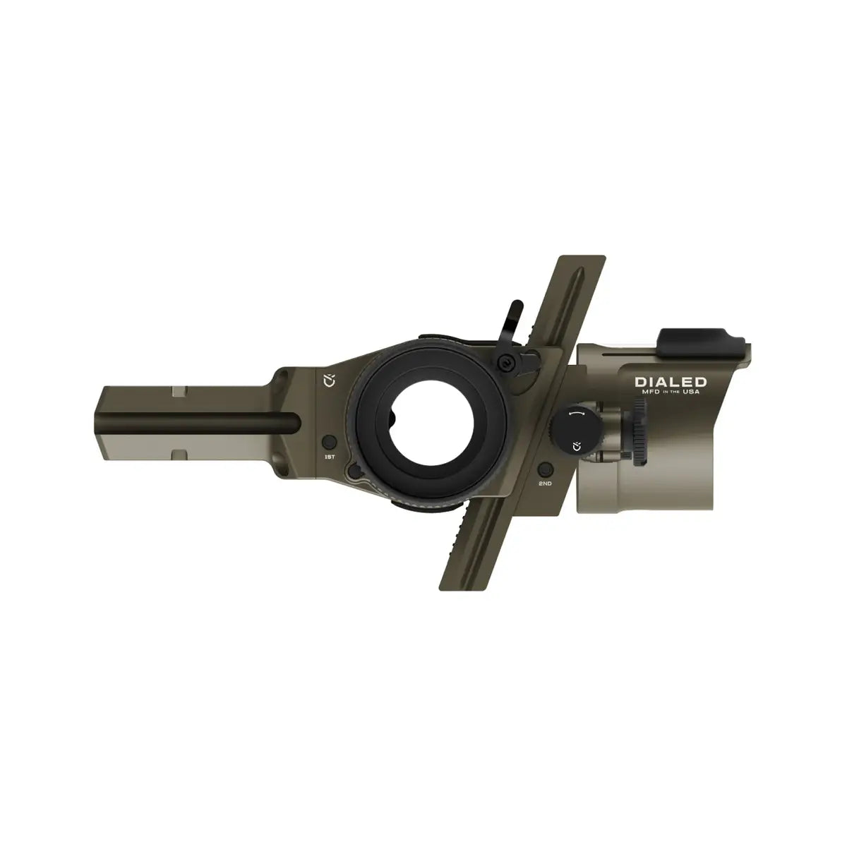 Black and olive green movable bow sight with circular aperture and adjustment knobs, Dialed Pruf branding.